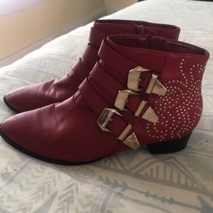 Red Ankle Boots with Golden Buckles